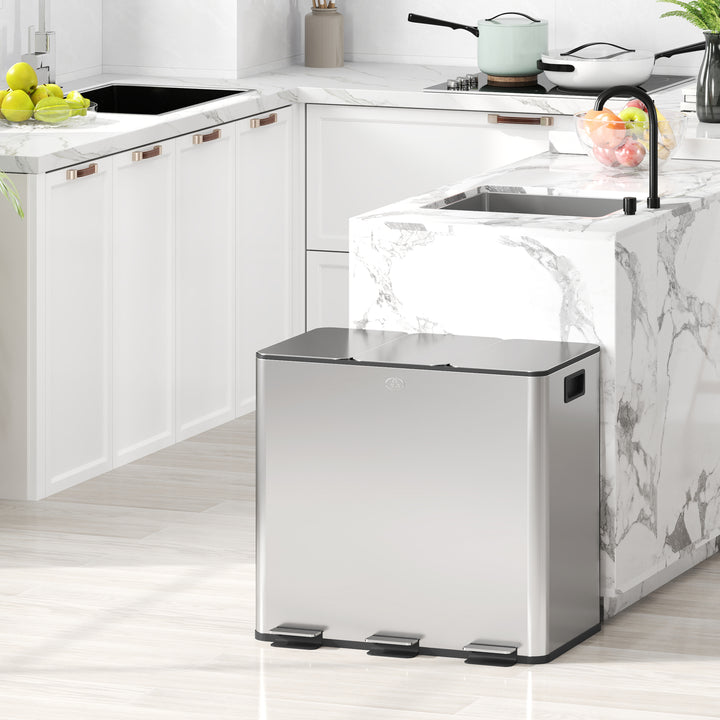 Balde de Lixo de Cozinha com 3 Compartimentos 3x15L Cubo de Lixo de Aço Inoxidável com Pedais Tampas com Fechamento Suave e Cubo Amovível para Escritório Cozinha Prata
