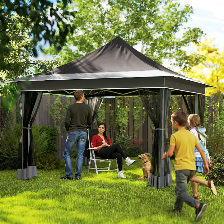 Tenda Dobrável 3,5x3,5x3 m Tenda de Jardim com Altura Ajustável 4 Mosquiteiros Proteção UV50+ Impermeável e Bolsa de Transporte Tenda para Eventos Campismo Cinza Escuro