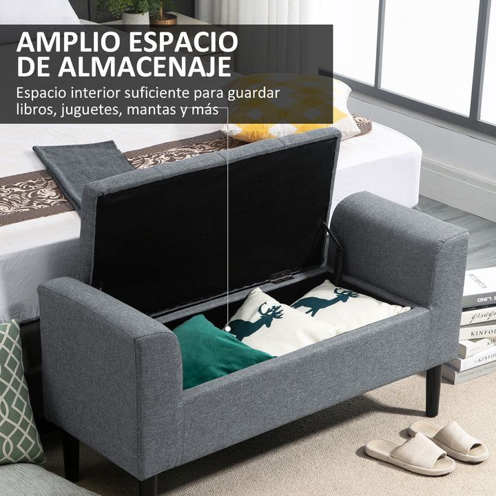 Banco para Pé de Cama Acolchoado com Espaço de Armazenamento Banco Multifuncional com Braços Tampa e Pés de Madeira para Dormitórios Sala de Estar 116x44x58 cm Cinza
