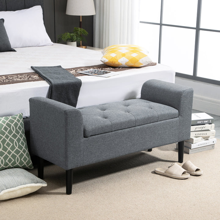 Banco para Pé de Cama Acolchoado com Espaço de Armazenamento Banco Multifuncional com Braços Tampa e Pés de Madeira para Dormitórios Sala de Estar 116x44x58 cm Cinza