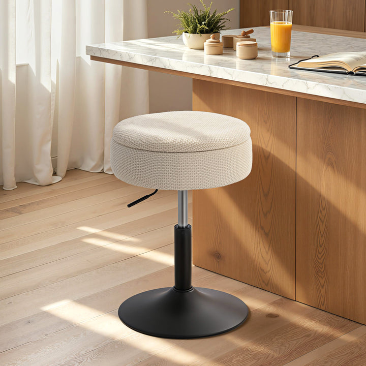 Banco de Bar com Armazenamento Altura Ajustável Banco de Cozinha Redondo Giratório Estofado em Chenilla Base em Aço Acolchoado para Sala de Estar Sala de Jantar Escritório 39x39x49-65 cm Bege