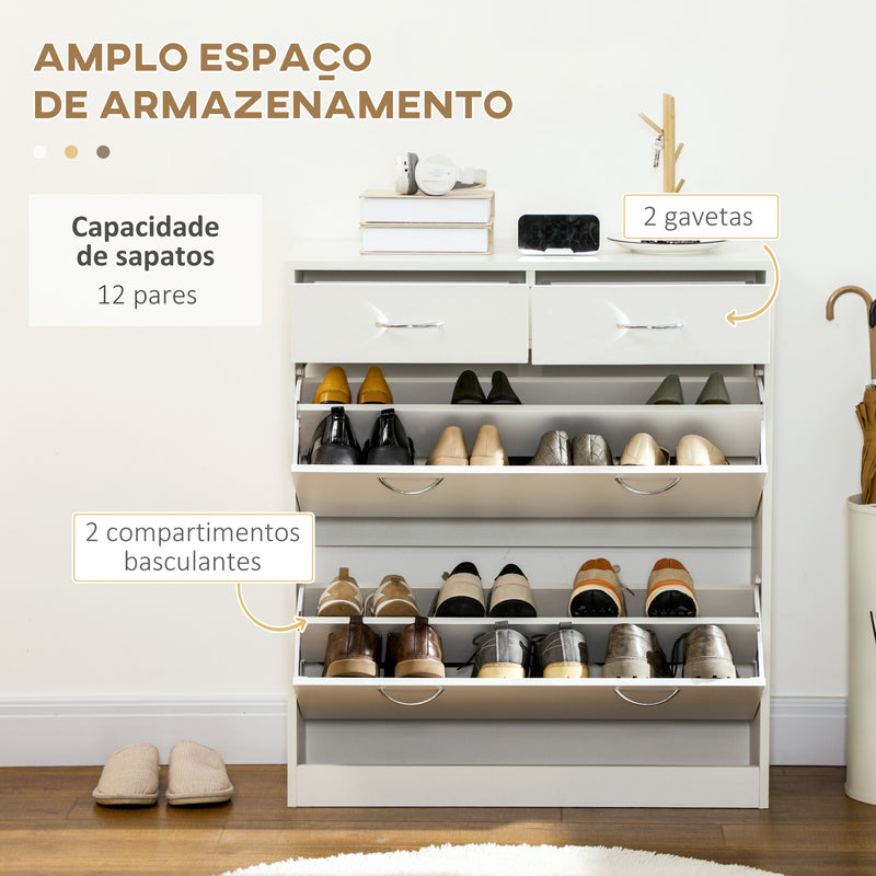 Sapateira Móvel para Sapatos Estreito com 2 Compartimentos e 2 Gavetas para 12 Pares de Sapatos para Sala de Estar Entrada Corredor 80x30x91,5 cm Branco