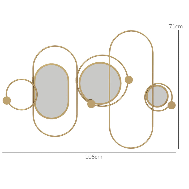 Cabide de Parede com 4 Ganchos e 3 Espelhos Decorativos para Pendurar Casacos Bolsas para Entrada Corredor 106x71 cm Dourado