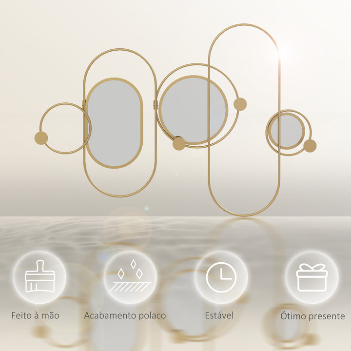 Cabide de Parede com 4 Ganchos e 3 Espelhos Decorativos para Pendurar Casacos Bolsas para Entrada Corredor 106x71 cm Dourado