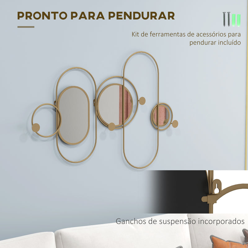 Cabide de Parede com 4 Ganchos e 3 Espelhos Decorativos para Pendurar Casacos Bolsas para Entrada Corredor 106x71 cm Dourado