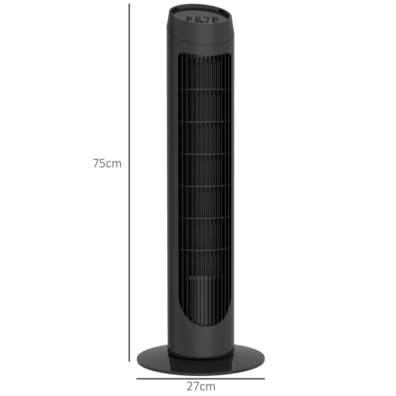 Ventoinha de Coluna 45W Ventoinha de Coluna Silenciosa com 3 Velocidades e Oscilação 70° para Sala Quarto Escritório Ø27x75 cm Preto