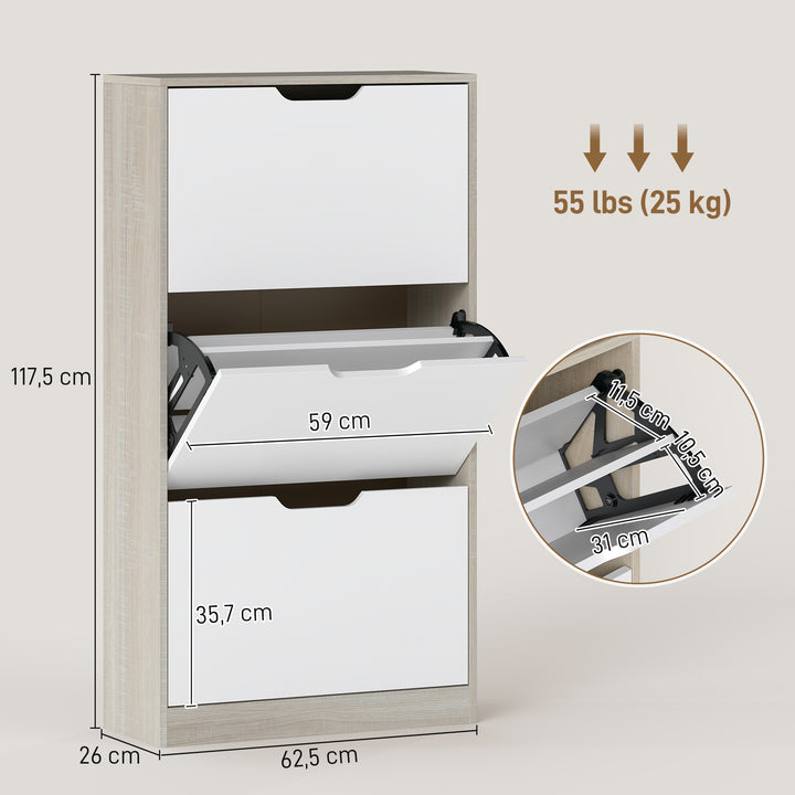 Sapateira de Madeira com 3 Compartimentos Abatíveis e Prateleiras de Armazenamento com Capacidade para 12 Pares de Sapatos para Entrada Corredor Dormitório 62,5x26x117,5 cm Branco e Madeira