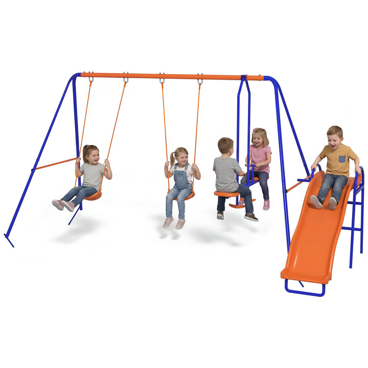 Baloiço Infantil 4 em 1 Baloiço para Crianças com 2 Baloiços Individuais 1 Baloiço Planador 1 Escorrega Corda Ajustável e Anti UV para Exterior 367x192x180 cm Multicor