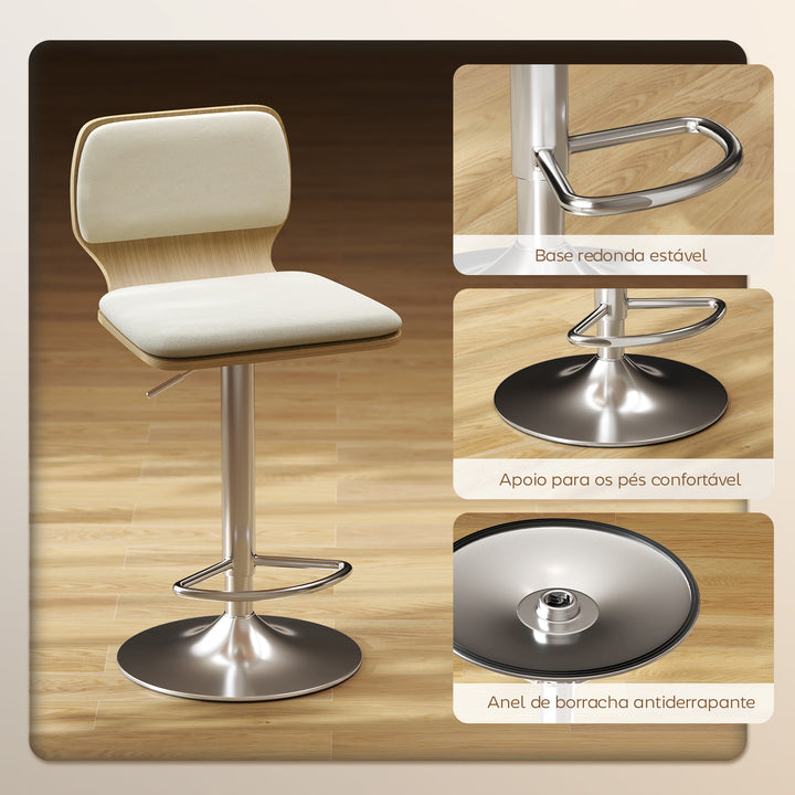 Conjunto de 2 Bancos de Bar Bancos Giratórios com Altura Ajustável Encosto Apoio para os Pés Estofados em Tecido Tipo Linho com Base em Aço para Bancada de Cozinha ou Ilha de Pequeno-Almoço Bege