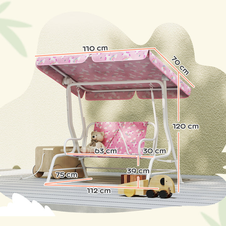 Baloiço de Jardim Exterior Infantil de 2 Lugares, Baloiço de Jardim com Toldo Ajustável, Cintos de Segurança, Design de Unicórnio e Arco-Íris, para Interior e Exterior, 112x75x120 cm, Rosa