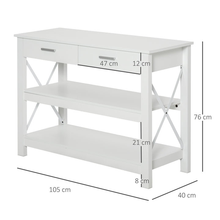Mesa consola tipo aparador de estilo moderno com 2 gavetas e prateleiras inferiores 105x40x76 cm Branco