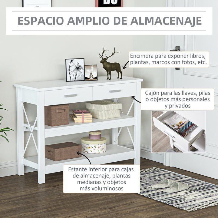 Mesa consola tipo aparador de estilo moderno com 2 gavetas e prateleiras inferiores 105x40x76 cm Branco