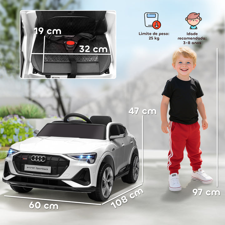 Carro Elétrico Audi E-Tron 12V para Crianças acima de 3 Anos com Controle Remoto Faróis Buzina Música MP3 TF USB e Abertura da Porta 3-8km/h 108x60x47cm Branco