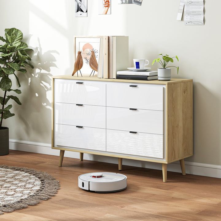 Cómoda 6 Gavetas Cómoda Quarto com Pernas de Madeira Cómoda para Sala Escritório Estilo Moderno 110x40x75 cm Branco Brilhante e Carvalho