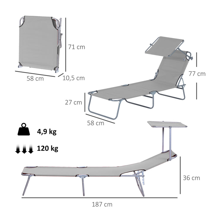 Espreguiçadeira de Jardim Dobrável com Toldo Removível e Ajustável em Ângulo e Encosto Ajustável em 4 Posições para Jardim Terraço Campismo Exterior 187x58x36 cm Cinza Claro