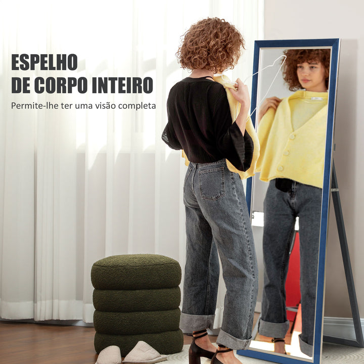 Espelho de Pé 50x150 cm Espelho de Corpo Inteiro com Estrutura em Veludo e Suporte para Sala de Estar Dormitório Azul