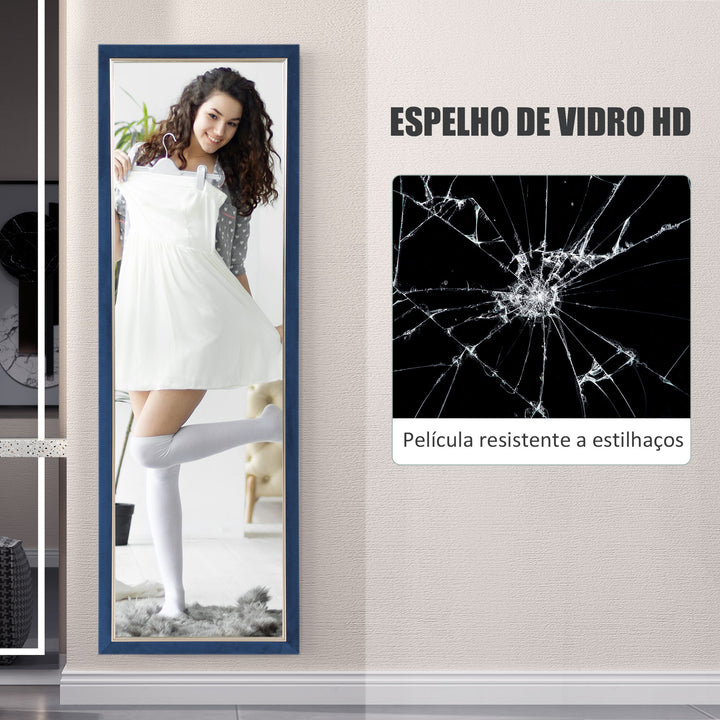 Espelho de Pé 50x150 cm Espelho de Corpo Inteiro com Estrutura em Veludo e Suporte para Sala de Estar Dormitório Azul