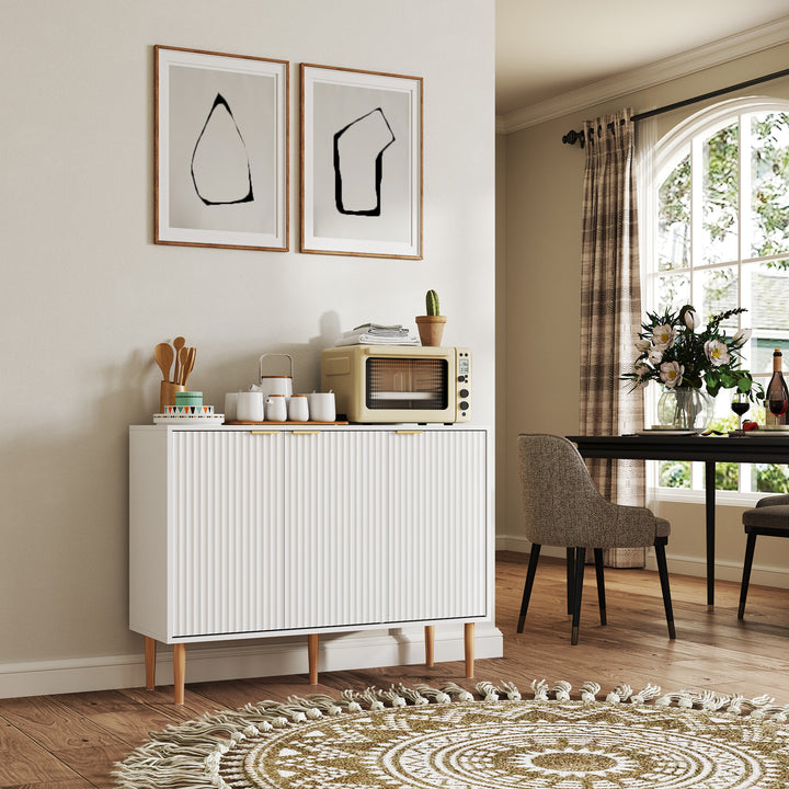 Aparador de 3 Portas Estriadas Aparador de Sala de Estar com Prateleira Ajustável Móvel para TV para Quarto Sala de Estar 107x35x80 cm Branco