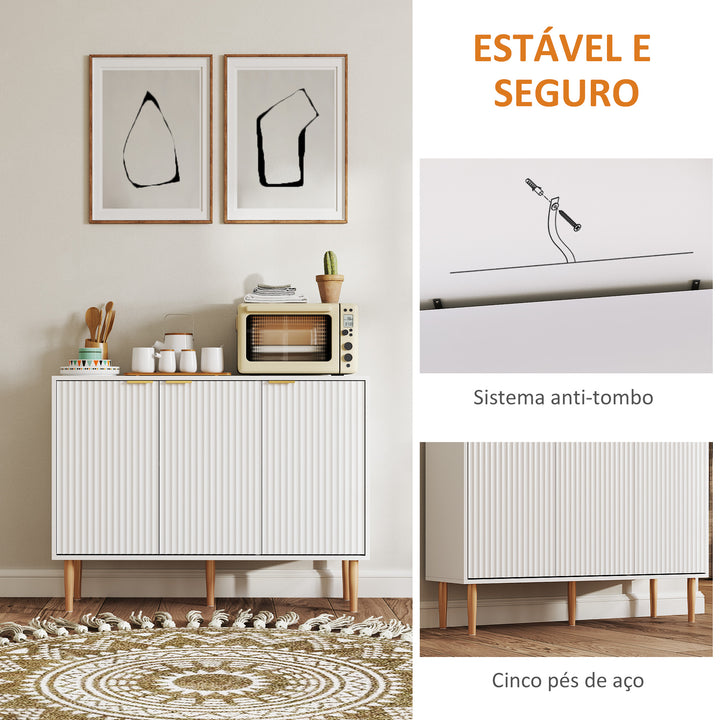 Aparador de 3 Portas Estriadas Aparador de Sala de Estar com Prateleira Ajustável Móvel para TV para Quarto Sala de Estar 107x35x80 cm Branco
