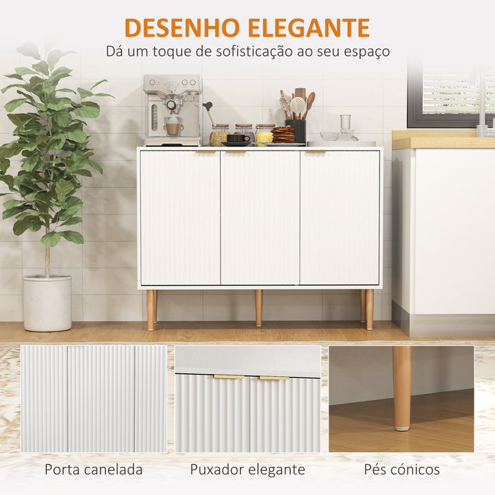 Aparador de 3 Portas Estriadas Aparador de Sala de Estar com Prateleira Ajustável Móvel para TV para Quarto Sala de Estar 107x35x80 cm Branco