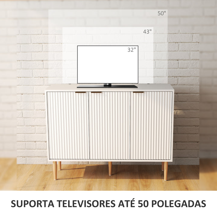 Aparador de 3 Portas Estriadas Aparador de Sala de Estar com Prateleira Ajustável Móvel para TV para Quarto Sala de Estar 107x35x80 cm Branco