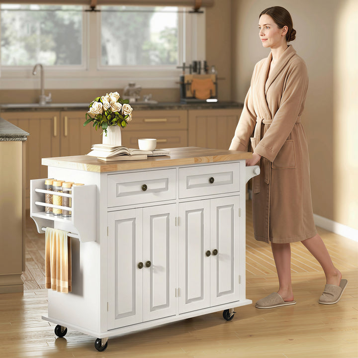 Ilha de Cozinha com Rodas Móvel Auxiliar de Cozinha com 2 Gavetas 4 Portas Suporte para Temperos e Barra Lateral 111x44,5x82,5cm Branco e Madeira