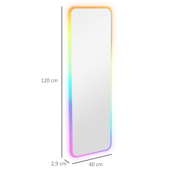 Espelho de Corpo Inteiro com Luzes LED 120x40 cm Espelho de Parede Ajustável com Iluminação em 7 Cores RGB e Função de Memória para Dormitório Prata