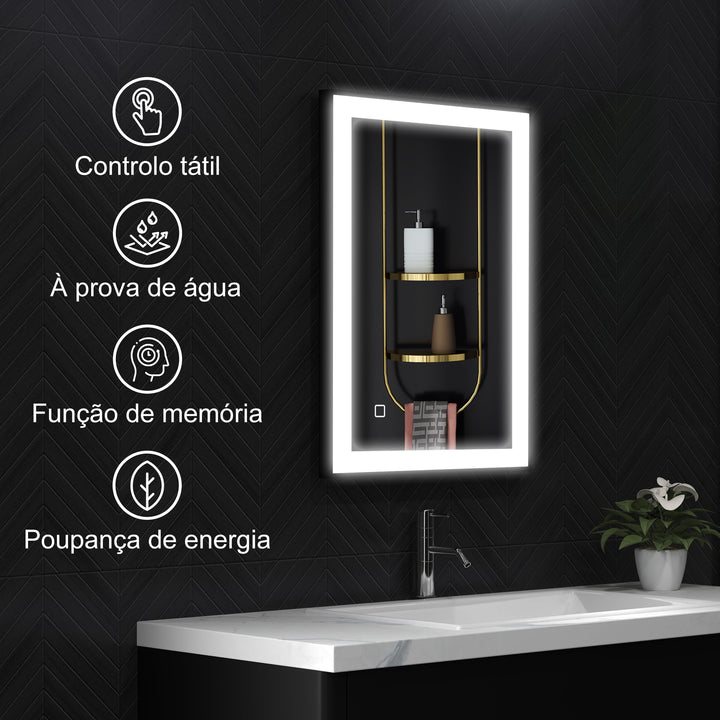 Espelho Casa de Banho com Luz LED 70x50 cm Espelho de Parede com Iluminação Ajustável Função Anti-Embaciamento Função Memória e Estrutura de Liga de Alumínio Preto
