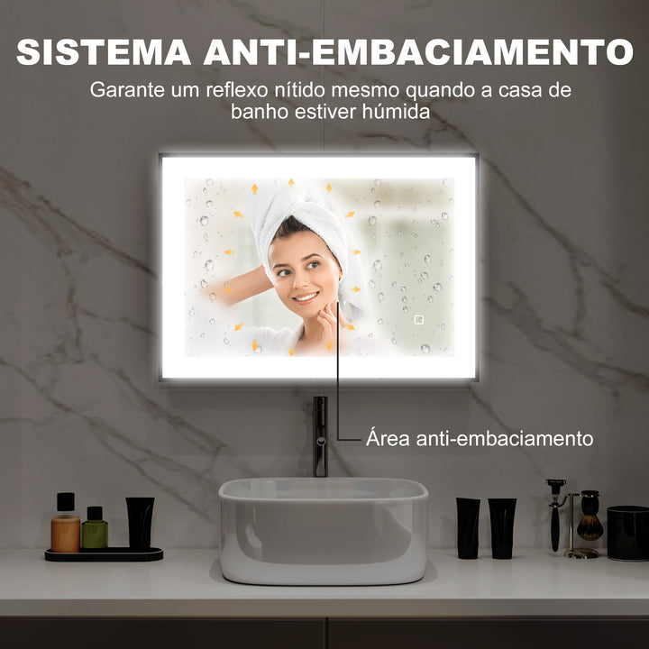 Espelho Casa de Banho com Luz LED 70x50 cm Espelho de Parede com Iluminação Ajustável Função Anti-Embaciamento Função Memória e Estrutura de Liga de Alumínio Preto