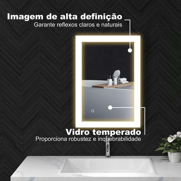 Espelho Casa de Banho com Luz LED 70x50 cm Espelho de Parede com Iluminação Ajustável Função Anti-Embaciamento Função Memória e Estrutura de Liga de Alumínio Preto
