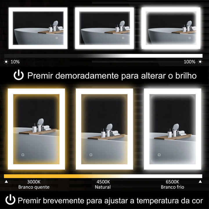 Espelho Casa de Banho com Luz LED 70x50 cm Espelho de Parede com Iluminação Ajustável Função Anti-Embaciamento Função Memória e Estrutura de Liga de Alumínio Preto