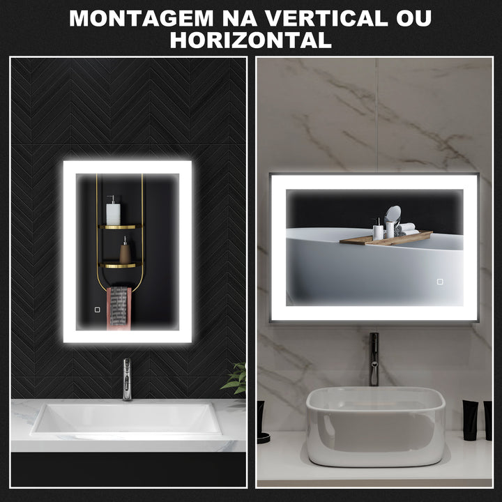 Espelho Casa de Banho com Luz LED 70x50 cm Espelho de Parede com Iluminação Ajustável Função Anti-Embaciamento Função Memória e Estrutura de Liga de Alumínio Preto