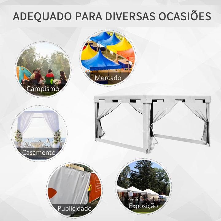 Tenda de Jardim 4x3 m Tenda Desmontável de Exterior com 4 Mosqueteiras Laterais 2 Portas com Fecho de Correr e 8 Orifícios de Drenagem para Pátio Praia Branco