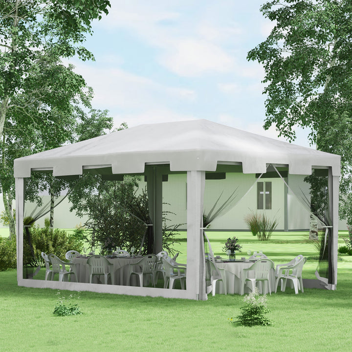Tenda de Jardim 4x3 m Tenda Desmontável de Exterior com 4 Mosqueteiras Laterais 2 Portas com Fecho de Correr e 8 Orifícios de Drenagem para Pátio Praia Branco