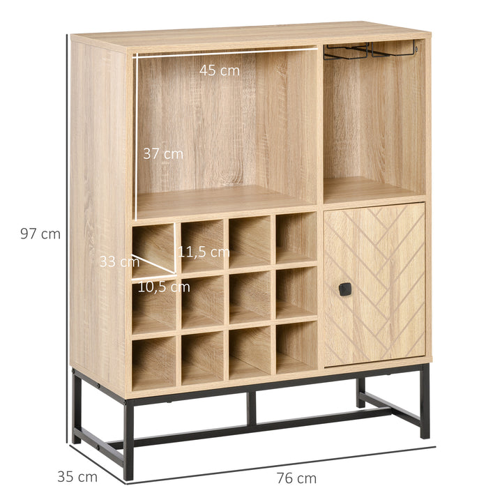 Aparador de Cozinha Armário com 1 Porta Prateleiras Abertas Suporte para 12 Garrafas e 6 Taças de Vinho para Sala de Jantar Bar Restaurante 76x35x97cm Madeira Natural