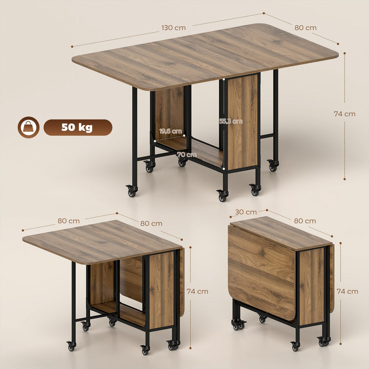 Mesa de Cozinha Dobrável Mesa de Refeição Dobrável com Rodas Laterais Abatíveis e Prateleira Mesa Dobrável para Sala de Jantar 130x80x74 cm Marrom