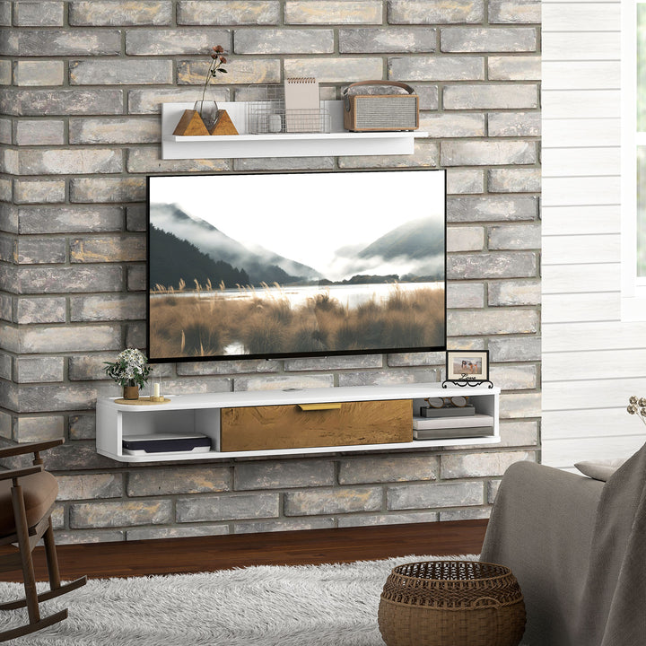 Conjunto de Móveis de Sala, Móvel de TV com Prateleira de Parede, Porta, Prateleiras Abertas, Orifícios para Cabos, para Televisão de Parede, 120x24x16 cm, Branco
