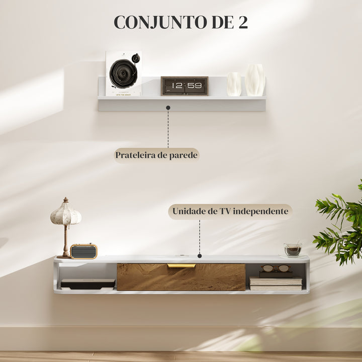 Conjunto de Móveis de Sala, Móvel de TV com Prateleira de Parede, Porta, Prateleiras Abertas, Orifícios para Cabos, para Televisão de Parede, 120x24x16 cm, Branco