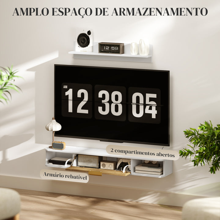 Conjunto de Móveis de Sala, Móvel de TV com Prateleira de Parede, Porta, Prateleiras Abertas, Orifícios para Cabos, para Televisão de Parede, 120x24x16 cm, Branco