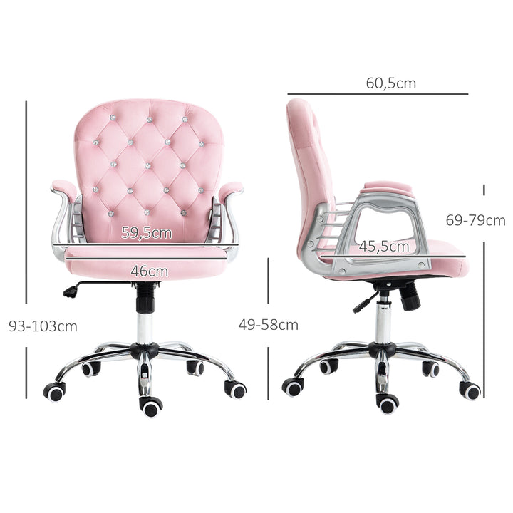 Cadeira de Escritório Estofada em Veludo Cadeira Giratória com Altura Ajustável Apoio para os Braços e Decorações de Cristal Carga 120 kg Cadeira para Estudio Dormitório Rosa