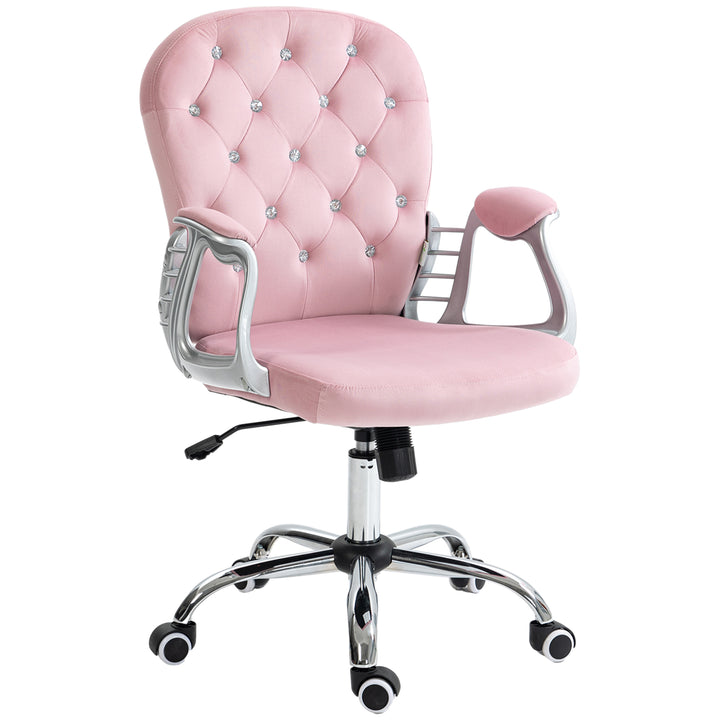 Cadeira de Escritório Estofada em Veludo Cadeira Giratória com Altura Ajustável Apoio para os Braços e Decorações de Cristal Carga 120 kg Cadeira para Estudio Dormitório Rosa