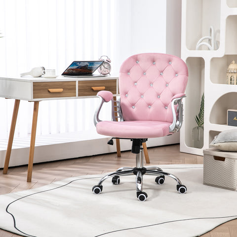 Cadeira de Escritório Estofada em Veludo Cadeira Giratória com Altura Ajustável Apoio para os Braços e Decorações de Cristal Carga 120 kg Cadeira para Estudio Dormitório Rosa