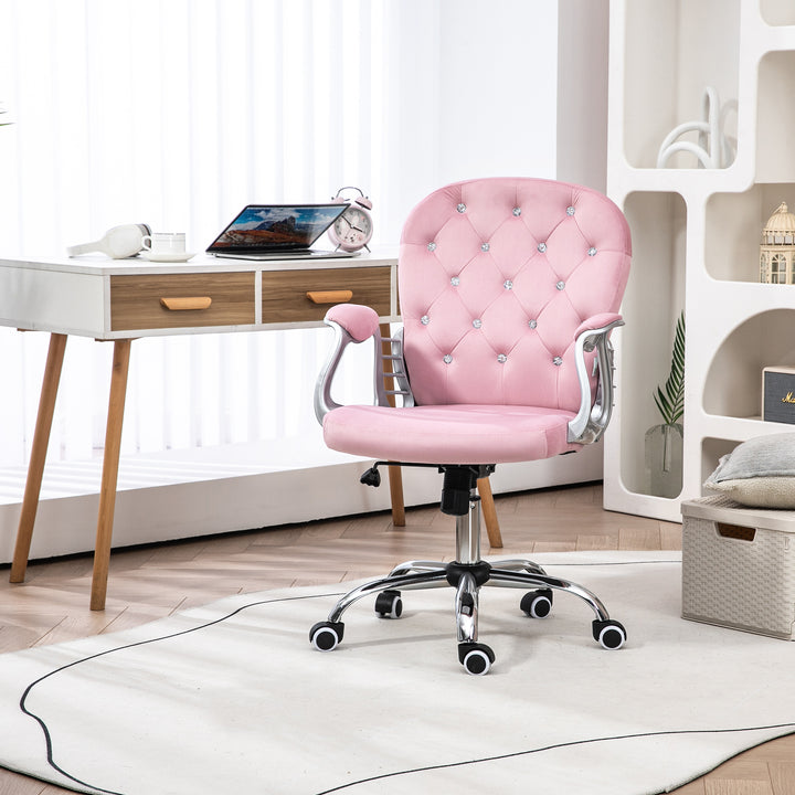Cadeira de Escritório Estofada em Veludo Cadeira Giratória com Altura Ajustável Apoio para os Braços e Decorações de Cristal Carga 120 kg Cadeira para Estudio Dormitório Rosa