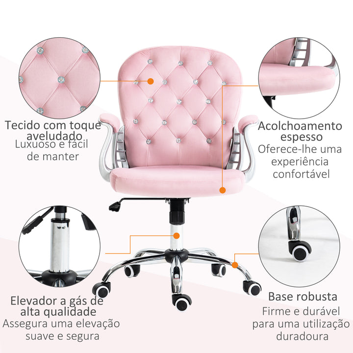 Cadeira de Escritório Estofada em Veludo Cadeira Giratória com Altura Ajustável Apoio para os Braços e Decorações de Cristal Carga 120 kg Cadeira para Estudio Dormitório Rosa