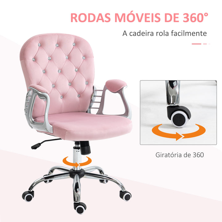 Cadeira de Escritório Estofada em Veludo Cadeira Giratória com Altura Ajustável Apoio para os Braços e Decorações de Cristal Carga 120 kg Cadeira para Estudio Dormitório Rosa