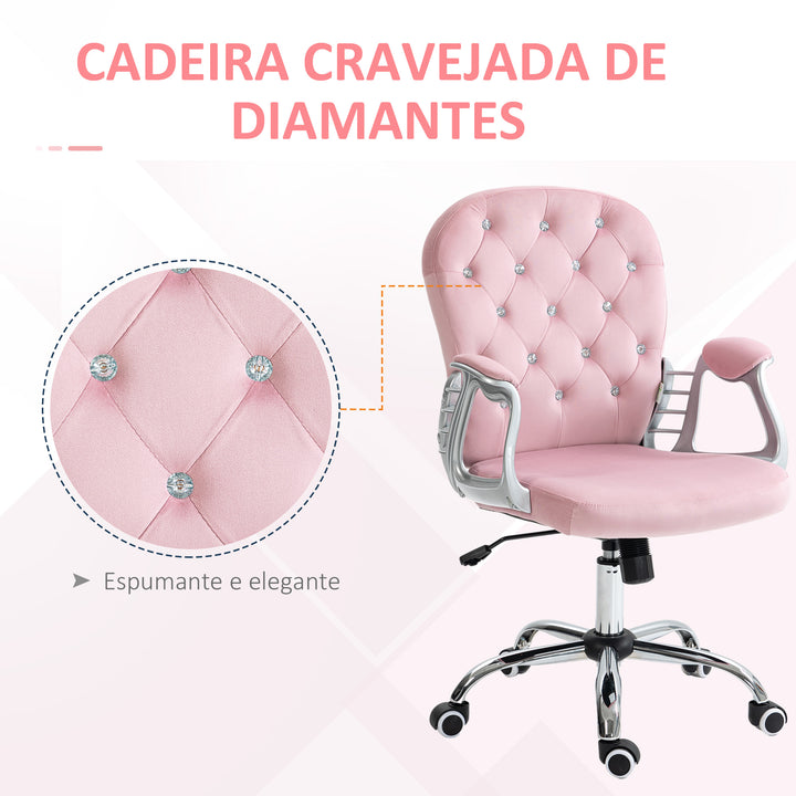 Cadeira de Escritório Estofada em Veludo Cadeira Giratória com Altura Ajustável Apoio para os Braços e Decorações de Cristal Carga 120 kg Cadeira para Estudio Dormitório Rosa