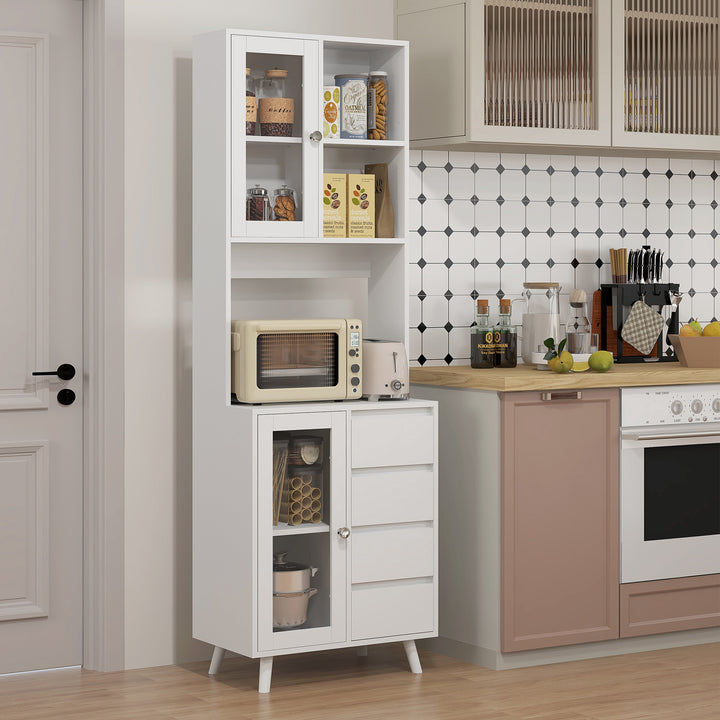 Armário de Cozinha com 2 Armários com Portas de Vidro Temperado 2 Compartimentos Abertos 4 Gavetas e Prateleiras Ajustáveis 60x35x180 cm Branco