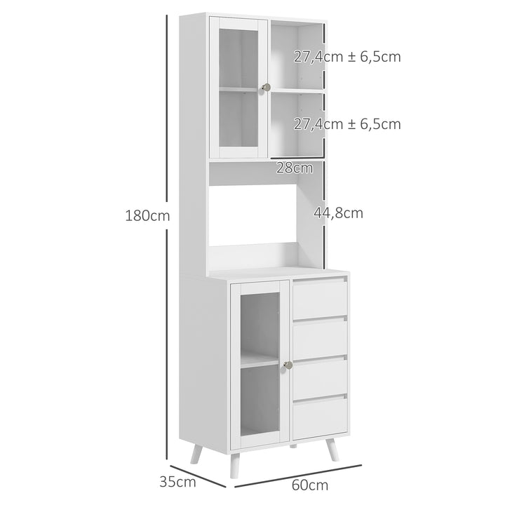 Armário de Cozinha com 2 Armários com Portas de Vidro Temperado 2 Compartimentos Abertos 4 Gavetas e Prateleiras Ajustáveis 60x35x180 cm Branco