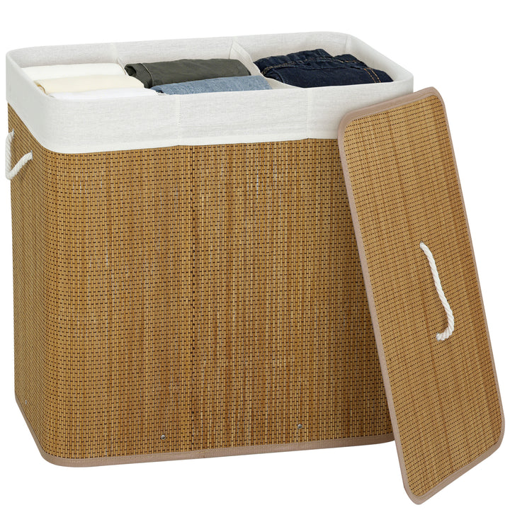 Cesto de Roupa Suja com Tampa 144L Cesto de Roupa Suja de Bambu com 3 Compartimentos Bolsa Interior Removível e Lavável Pegas para Lavandaria Quarto 60x40x60 cm Castanho