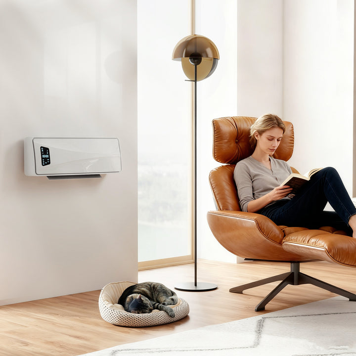 Aquecedor Elétrico de Baixo Consumo Cerâmico de Parede 2000W com 3 Modos Ecrã LED Termostato Ajustável Temporizador 24h Oscilação Controlo Remoto e Detecção de Janelas Abertas